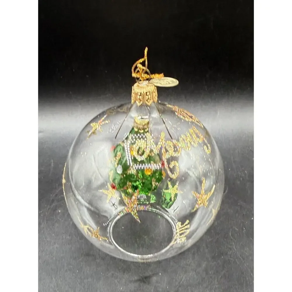 Pier 1 Glass Tree Christmas Ball With Blown Glass Green Tree Inside -T34